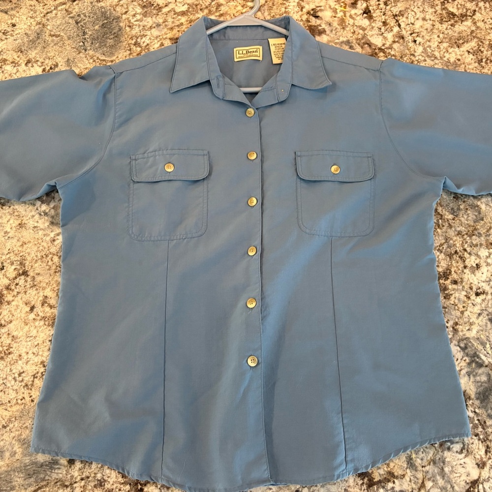 LL Bean Short Sleeve Button Up Shirt Women Fishing Hiking Outdoors Blue Large